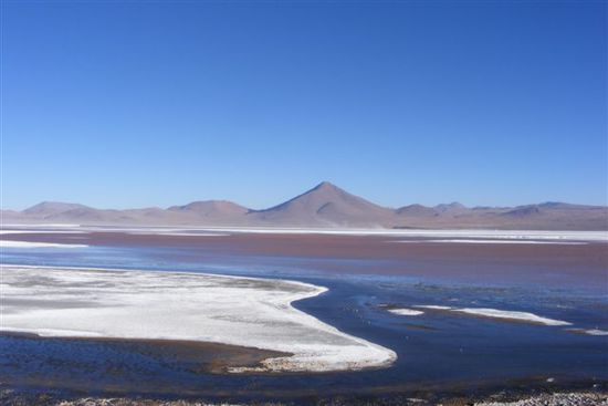 Laguna Colorada - ein See, dessen Wasser aufgrund der Minerale zum Teil rot gefaerbt ist.