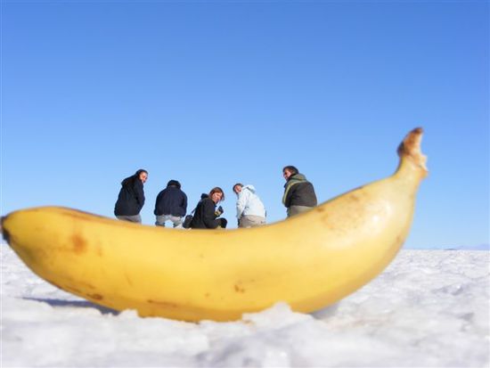 Unglaublich, wieviele Leute auf einer Banane Platz haben.