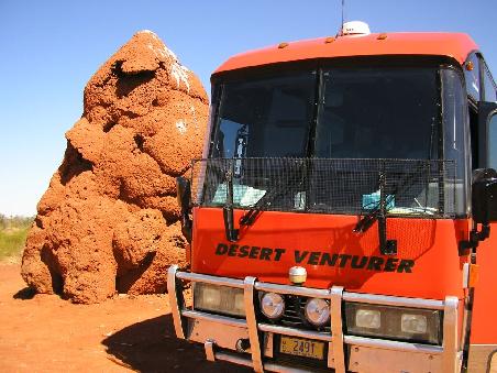 Termitenhuegel samt Tourbus am Weg von Alice Springs nach Cairns