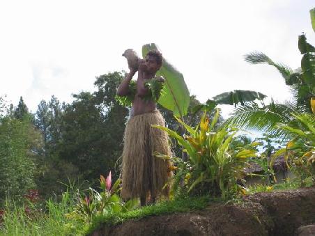 Unsere Ankunft im Fiji-Dorf wird am Ufer per "Muscheltrompete" den anderen Stammesmitgliedern angekuendigt
Accueil au village fijian par un des membres du village