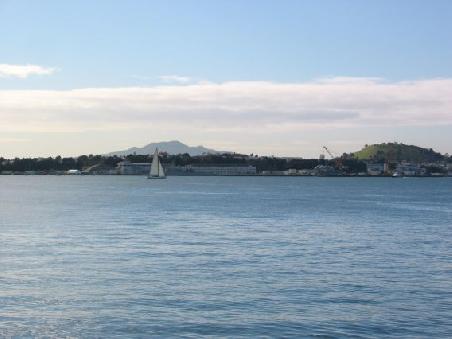 Ausgangspunkt der Coast-to-Coast Wanderung ist der Hafen Waitemata, heute aber mal nur ein Segel in der "City of Sails"
Le port de Waitemata, debut de la randonnee "de cote a cote"