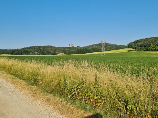 In Mitte der Anhöhe der letzte Rückblick auf Vierzehnheiligen.
Wenn es sich abwärts auch passabel leicht rollt, ich muß noch weiter runter, fast bis zur Talebene.