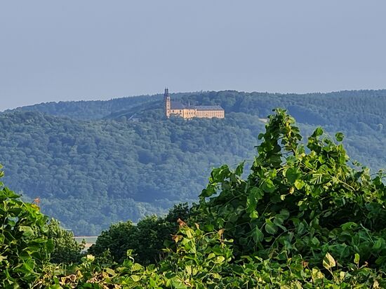 Fröhlich, frisch, mental und physisch wieder von den späten Strapazen des Vortags erholt, liegt die am Vortag nur schemenhaft erkennbare ominöse Immobilie gegen 7:10 Uhr früh endlich im günstigen, natürlichen Licht der hinter mir wie immer üblich im Osten schon länger aufgegangenen Sonne, die  die gegenüberliegende Anhöhe über dem Maintal mit bester Strahllaune beschenkt.