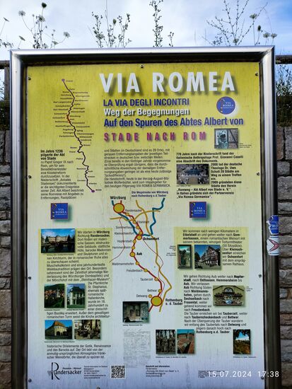 Nach einer ungeheuerlichen Tagesstrecke von 17,98 km erreiche meinen Quartiersort, den Markt Randersacker an einer Schautafel über den Weg des Abtes Albert von Stade (an der Elbe) über u.a. Randersacker nach (aller Wege) Rom als Pilger zum Papst in 1236. Alles zu Fuße und auch wieder zurück. Da wird der tapfere Abt sicherlich mehr als ein Jahr gepilgert sein.
Dazu meine ich: 
Wer's mag, der soll's !
