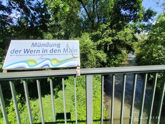 Zwischen den direkt anliegenden Gemündener Ortsteilen Wernfeld und Adelsberg legt die Wern nach dieser Radwegbrücke die letzten ca. 50 m zurück, bevor sie nach 63,5 km (Schildtext) Flußlänge (im Netz liest man je nach Bezugspunkt von 70,9 bzw. 75,3 km) in den Main mündet (Mündung durch Laub verdeckt).
Vor zehn Jahren wurde ich auf Ferntour von Glückstadt an der Elbe in den Heimatort Feldolling von hier weg mehrere Kilometer vom Tagesradler Lothar, einem mittlerweile pensionierten Schuldirektor aus Lohr am Main begleitet, mit dem positiven Effekt, daß er durch seine hervorragende Gebietskenntnis einen vollwertigen Fremdenführer darstellte. 
Immer in guter Erinnerung !