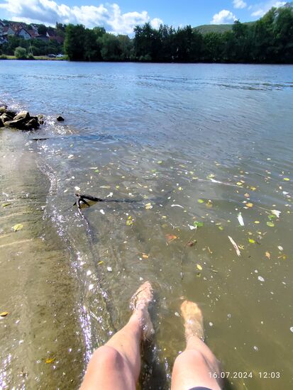 Mittagspause und Fußkühlung am Mainufer bei Langenprozelten gleich nach Gemünden sind angesagt.
Weiterhin fand auf einer Parkbank in nächster Nähe zu diesem Erfrischungsort die strategische Entscheidung zur Quartiersfindung am Abend statt:
Die bisherige Durchschnittsgeschwindigkeit etwas abgerundet multipliziert mit einer max. Fahrzeit bis ca. 19 Uhr abzüglich eines imaginären Performanceverlusts (man ist ja Mensch und nicht Maschine) kam ich ungefähr in den Raum Wertheim.
Nicht weit mainabwärts von Wertheim wurde ich auf der Handykarte auf die beiden Ortschaften Stadtprozelten und Dorfprozelten aufmerksam, wobei die Entscheidung zwischen den beiden auch ein leichtes war, da ich ja "Städte" in Bezug auf "Stadt"prozelten  in der Regel schnell durchfahre bzw. verwinkelte Innenstädte umgehe UND ich von meiner persönlichen Herkunft und ständigen Standes ja
ein "DORFKIND" bin !!!     
Also fiel die Entscheidung für "DORF"prozelten und 
via dorfprozelten.de/Übernachten kam es kurz darauf zur Online-Buchung ohne bekannte Groß-Buchungsportale, obwohl ich in solchen Fällen normalerweise eine direkte telefonische Buchung mit sprechenden Menschen bevorzuge.