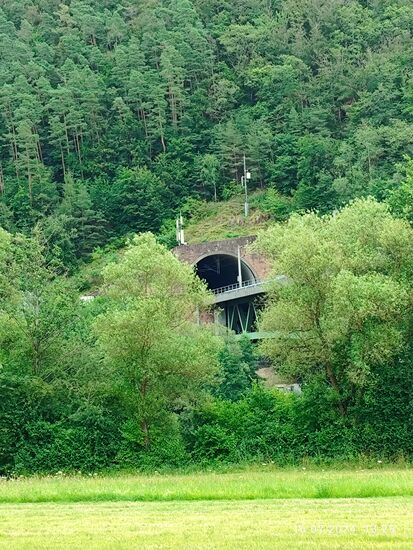 Nach einer großen Linksschleife des Mains um einen Höhenzug erscheint ein Tunnelportal mit anschließender Brückenkonstruktion.
