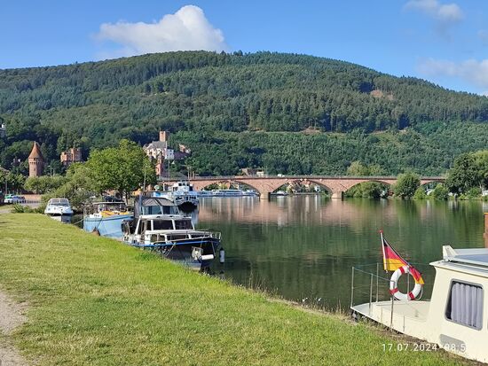 Alsbald wird Miltenberg (knapp 9.300 Einwohner) erreicht, dessen Name von der oberhalb des Ortes liegenden Mildenburg (hinter der Mainbrücke Miltenberg aus dem Jahre 1900)
abstammt.
Das heutige Zentrum Miltenbergs liegt linksmainisch am Knie des Mainvierecks, von wo der Main auf eine Fließrichtung gen Norden umschwenkt.