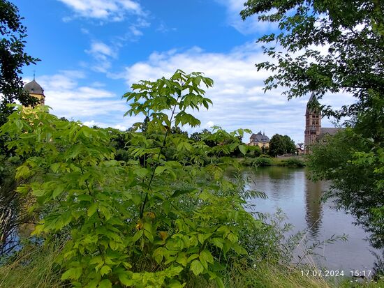 St. Paul rechts und links der großteils verdeckte Turm der Gustav-Adolf-Kirche vom gleichen Standpunkt zur Verdeutlichung der räumlichen Nähe der beiden Gotteshäuser.