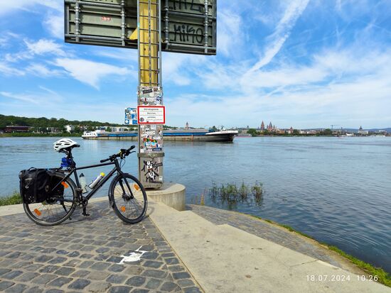 Da biegt doch noch ein Frachter vom Rhein nach rechts zu Berg in den Main ein.