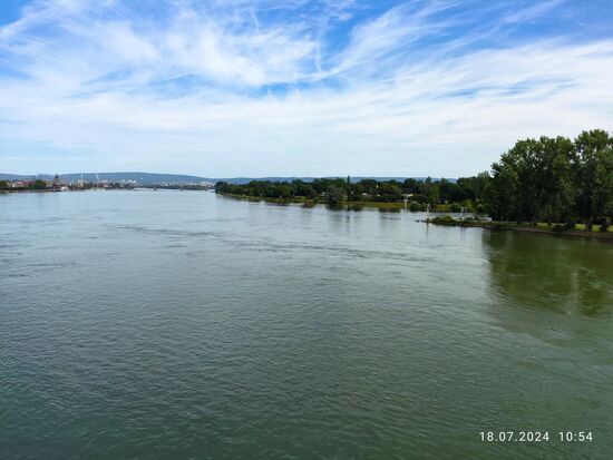 Über dem Rhein auf der Südbrücke.
In Bildmitte in etwa rechte Hälfte mündet der Main hinter "seinem Spitz" in den Rhein.