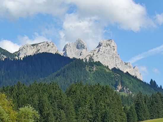 Kurz vor der Ortschaft Grän erhebt sich lt. einer Beschreibung rechts der imposante Rote Flüh mit 2108 m ü.A., in der Mitte der Gimpel mit 2173 m ü.A. und linkerhand ein nicht identifizierbarer Rücken.