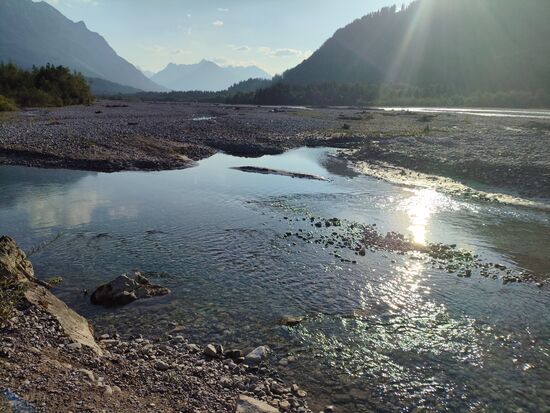 Vom Wasser durchzogene Kiesbette, Blick lechaufwärts.