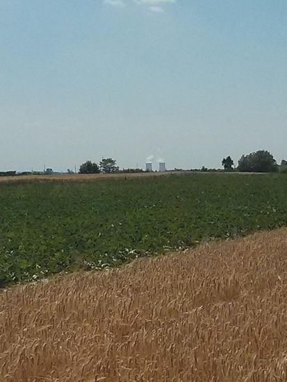 In der Ferne erscheinen die beiden mächtigen Kühltürme des Kernkraftwerks Gundremmingen.