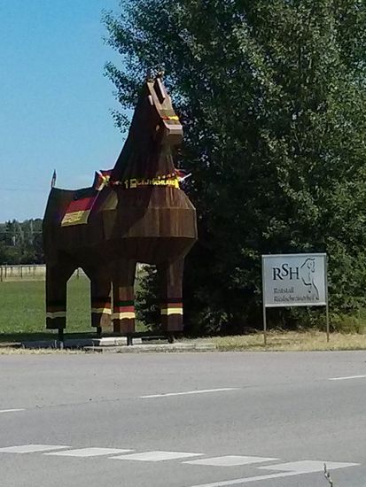 Fußball-festlich geschmücktes "trojanisches" Riesen-Holzpferd am Reitstall Riedschreinerhof kurz nach der Donau. Ich hab es fast wiehern gehört, als ich mit meinen drei Flaggen an der Packtasche vorbeigerollt bin...