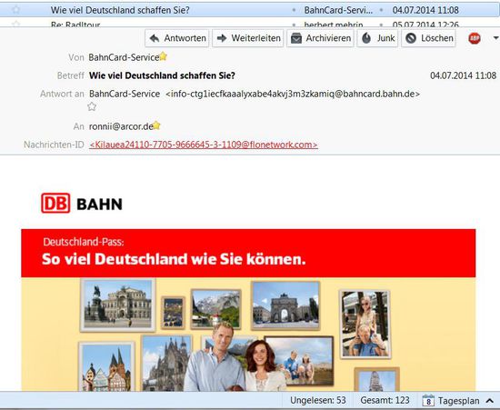 Ganz zu Anfang, bevor der Aufbruch von zu Hause beginnt, ein witziger Ausschnitt einer email, die ich gerade mal wieder heimgekommen, am PC als erste Nachricht las. Der Betreff oben, wie auch der Haupttext auf rotem Hintergrund der email, die noch vom Vormittag stammte, als ich mich zwischen Augsburg und München befand, rief bei mir heftiges Schmunzeln hervor. Passt so richtig zur Aktivität !