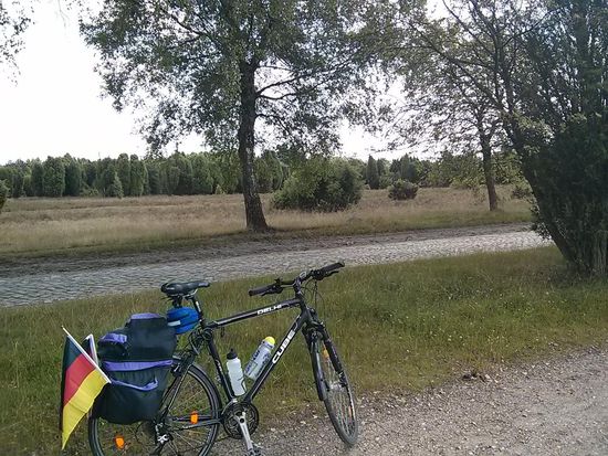 Gut, daß es in der Heide neben dem groben Kopfsteinpflaster-Fahrweg für die Kutschen großteils die festgefahrene, rumpelfreie Radl-Fahrspur gibt.