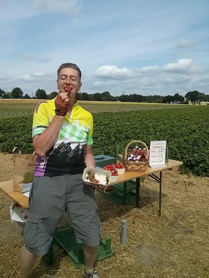 Ca. 1 km nördlich v. Celle: frei aus dem englischen übersetzt, nenne ich sie "Strohbeeren", diese roten Kaliumspender. Die Schale von 2,50 auf 2,20 herabgesetzt. Da wird die Schale gleich vor Ort im Nu geleert. Der Transport in der Packtasche wäre irgendwie nicht ratsam gewesen.