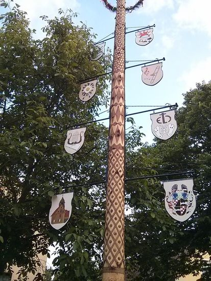 Die kunst- und mühevoll ausgeschnitzte Rinde des Maibaums von Leutersheim, keine 5 km nördlich von Wassertrüdingen.