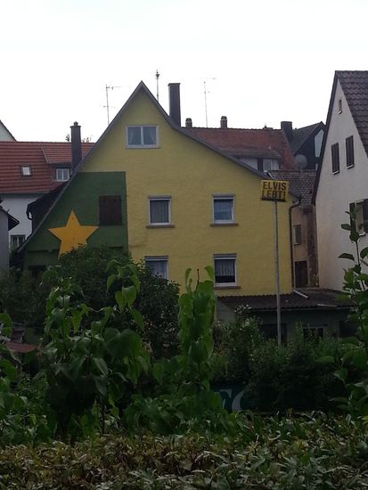 Und wer's immer noch nicht glauben will: ELVIS LEBT steht auf dem Hinweisschild am rechten Dachende des Hauses mit der speziellen Fassade...