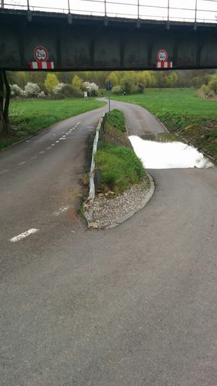 Nach dem Eisenbahn-Transfer auf den schon angesprochenen letzten gut 10 km von Staudernheim nach Waldböckelheim war eine wichtige Entscheidung zu treffen: Durch die "Reifenwaschanlage" bei 4 m Durchfahrtshöhe oder "trocken" bei 2,5 m unter der Eisenbahnbrücke durch    ?