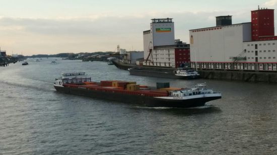 Von links lasse ich noch den Rheinschiffer mit seiner "Aquapolis" rheinaufwärts passieren, dahinter dichter Schiffsverkehr erkennbar, wenn man das Bild in der oberen rechten Ecke mit Klick auf den Doppelpfeil vergrößert.