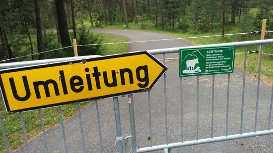 Auch das gibt es immer wieder mal, daß ein Radweg umgeleitet wird, wie hier vor Roppen, wo ich aufgrund der Unwegsamkeit, die eigentlich ein Mountain-Bike erforderlich gemacht hätte, froh war, wieder die normale Fahrbahn erreicht zu haben.