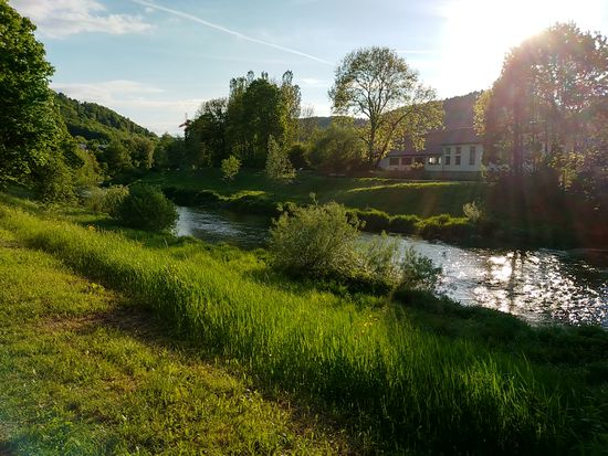 Abendstimmung bei einer Neckarinsel unweit der Neckarbrücke von Horb gegen 19:23 Uhr.