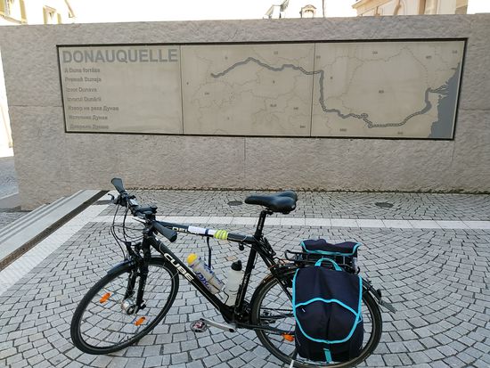 Die grafische Darstellung des Donauverlaufs an einer Betonwand oberhalb der Donauquelle.