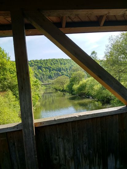 Blick in Flußrichtung von einer Holzbrücke am Immendinger Ortsende.
