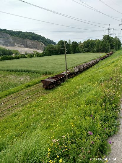 Das Wagenmaterial in Form von Kipploren und Gleisrost-Aufliegern gehört allem Anschein nach zum im Hintergrund sichtbaren Steinbruch.
