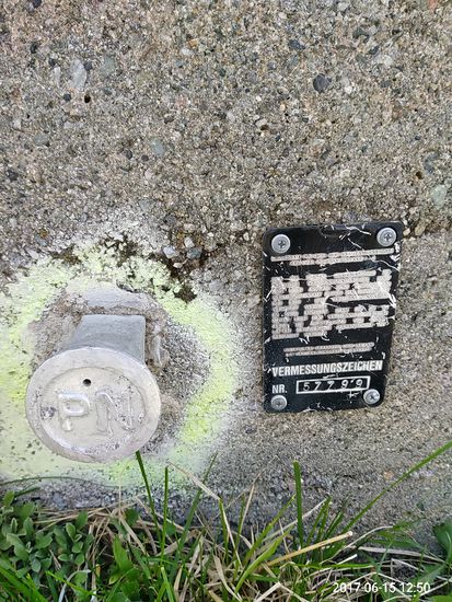 Das Vermessungszeichen am steinernen Podest der Tafel.