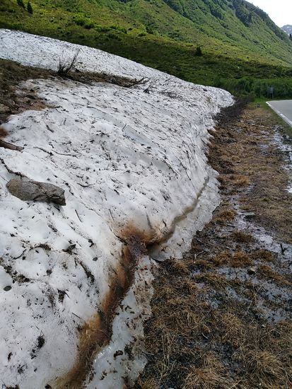 Kurz vor dem Abzweig zum Zeinisjoch hier auf der sonnenabgewandten Seite noch ein letzter Rest Schneerain am Straßenrand (Stand 15.6.2017).