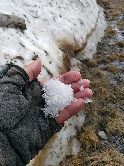 Grobkörnig, mit Pulverform keinerlei Verwandtschaft mehr, aber original Paznauntaler Schnee (nicht souvenirfähig ) in der Hand.