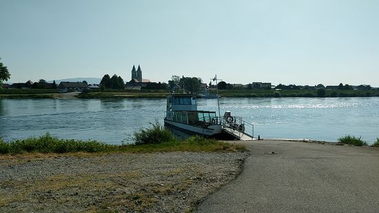 Die Personenfähre mit Niederalteich im Hintergrund.