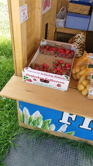 Habe mich bei dieser Tätigkeit der Kaliumzuführung nebenbei aufgrund momentaner Kundenflaute recht gut mit dem Verkäufer unterhalten. 
Dabei erfuhr ich, daß aufgrund derzeitiger Angebotsengpässe die Erdbeeren per Straße aus Schleswig-Holstein (siehe Kiste) angeliefert wurden. "Moin, moin"