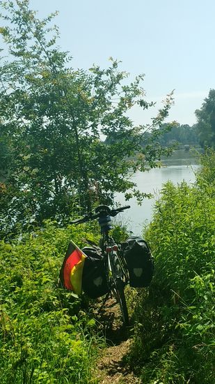Der Lechspitz, das letzte Stück Festland zwischen der Donau und dem in diese einmündenden Lech, ist nur noch wenige Meter entfernt. 
Da das letzte Stück (keine 10 m mehr) noch ein unpassendes Gefälle zur Fahrradbeförderung aufweist, verzichtete ich darauf, das Rad direkt ans bzw. ins Wasser zur letztendlichen Reifenkühlung zu bringen.