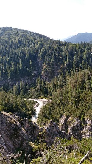 Nach der Fahrt entlang der Isarpromenade in Scharnitz und der nach kurzer und flacher ersten Teilstrecke im Hinterautal, geht es einigermaßen steil bergaufwärts, so daß man von weit oben die sich in Bildmitte von links nach rechts schlängelnde Isar erblicken kann.