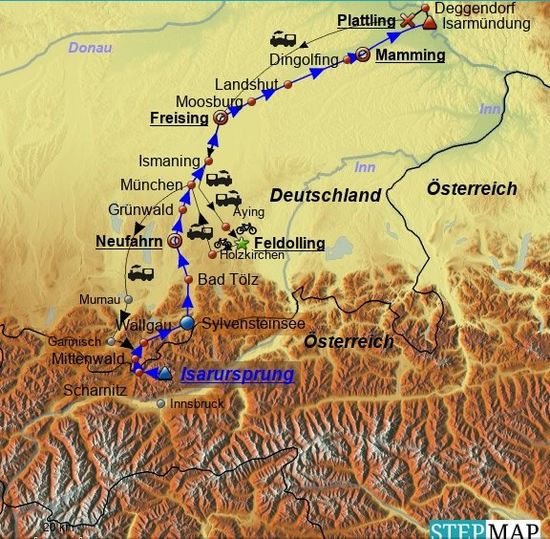 Ohne hier im Bildtext die Anreise im Vorlauf zum Isarursprung und die Rückreise im Nachlauf zu beschreiben, startet die Isarradtour am initialen Isarursprung im Karwendelgebirge und führt aus diesem heraus in vier Fahrtagen über die unterstrichenen Etappenstart- bzw. -endpunkte zur Isarmündung in die Donau bei Deggendorf.