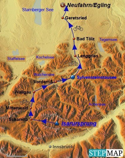 Am ersten Tourtag startet die Isarradtour am initialen Isarursprung im Karwendelgebirge und führt aus diesem heraus über Scharnitz, Mittenwald, Wallgau, Vorderriß, den Sylvensteinstausee, Lenggries, Bad Tölz und Geretsried nach Neufahrn bei Egling.