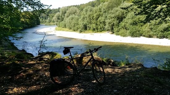 Nachdem gleich anschließend an das Burgareal ein steil abfallender Trampelpfad zu überwinden war, bestand wieder mal direkter Kontakt zur Isar, die sich hier vom Bildhintergrund her annähert.