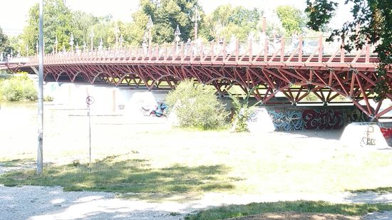 Die etwas weiter oben im Bericht schon von der Ferne aus sichtbare Thalkirchner Brücke, deren schmucke Architektur hier erst richtig zur Geltung kommt.
Mit einer Länge von 197 m wurde sie 1904 erstmals eröffnet und von 1989-1991 durch eine Raumfachwerk-Konstruktion ersetzt. 
Das auf den alten Betonfundamenten befindliche Fachwerk besteht dabei aus Fichtenleim- und Lärchenvollholz, das an den Befestigungspunkten von Stahlknoten zusammengehalten wird. 
Zum Einsatz kamen dabei 520 m³ Holz.