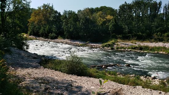 Oben am Himmel dröhnen die Flugzeuge ihrem Aufsetzpunkt entgegen, auf "Flughöhe Null" im Flußbett rauscht die Isar über eine Passage, wo sie mit Sauerstoff angereichert wird.