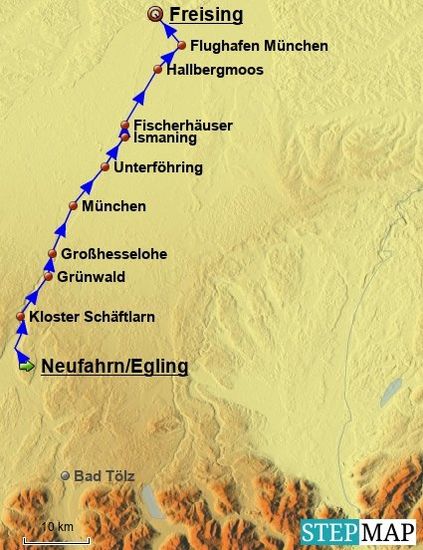 Der zweite Tourtag führte von Neufahrn bei Egling durch das (groß-)städtische Areal Münchens und kurz hinter Hallbergmoos über den Abstecher am Flughafengelände von München vorbei nach Freising.