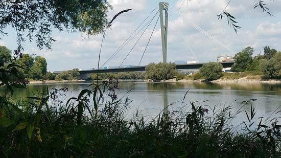 Auf der anderen Seite die Donau-Autobahnbrücke der BAB 3 von links Nürnberg nach Passau.