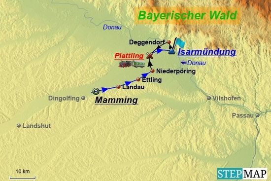 Der vierte und letzte Tourtag von Mamming über Plattling zur Isarmündung und von dort im Nachlauf über Deggendorf letztendlich wieder nach Plattling, von wo die Rückfahrt in die Heimat angetreten wurde.
Diesen Rückreise-Verlauf mit der Bahn und S-Bahn bis Aying und von dort das allerletzte Stück nochmals per Rad nach "Home-Sweet-Village Feldolling" habe ich nicht mehr ins Kartenwerk eingezeichnet, da es bereits in der Gesamtübersicht des ersten Tourtages angedeutet ist.