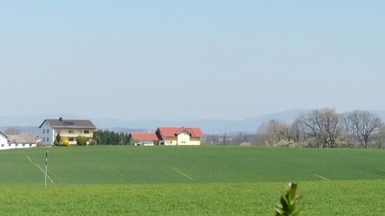 Aus dieser Perspektive sind in Bildmitte des Hintergrunds die ersten Höhenzüge des Bayerischen Waldes einigermaßen deutlich zu erkennen.