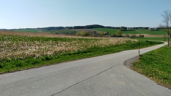 Der Blick von der Grundstückszufahrt fällt zurück auf die in etwa Bildmitte von rechts nach links verlaufende Staatsstraße 2109 von Aldersbach nach Pfarrkirchen im Rottal.