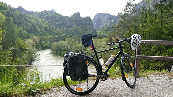 An einer Ausbuchtung der Radlerumleitung gibt es am Steilhang zur Enns einen übersichtlichen Rückblick zum Gesäuseeingang in etwa Bildmitte im Hintergrund.
Die Enns vollführt unter meinem Standort einen Knick in Richtung rechtem Bildrand.