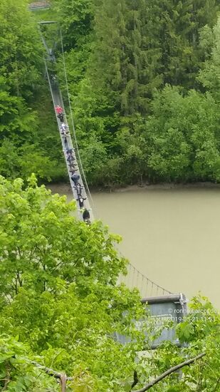Plötzlich ertönt wildes Gekreische unter meiner Position. Aber es stellt sich gleich heraus, daß es sich um freudiges Kreischen anscheinend einer Schulklasse oder sonstigen Jugendgruppe handelt, die die Enns auf einer wackligen Hängebrücke in meine Richtung "überwinden". Beim Recherchieren der Foto-GPS-Daten stellt sich heraus, daß auf meiner linken Enns-Seite gleich der Großraminger Hochseilgarten folgt, der bereits mehrmals zu Österreichs schönsten Hochseilgarten gewählt wurde.